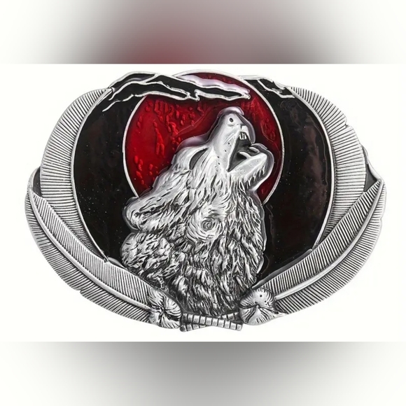 New wolf howling at moon feathers belt buckle - Picture 8 of 8